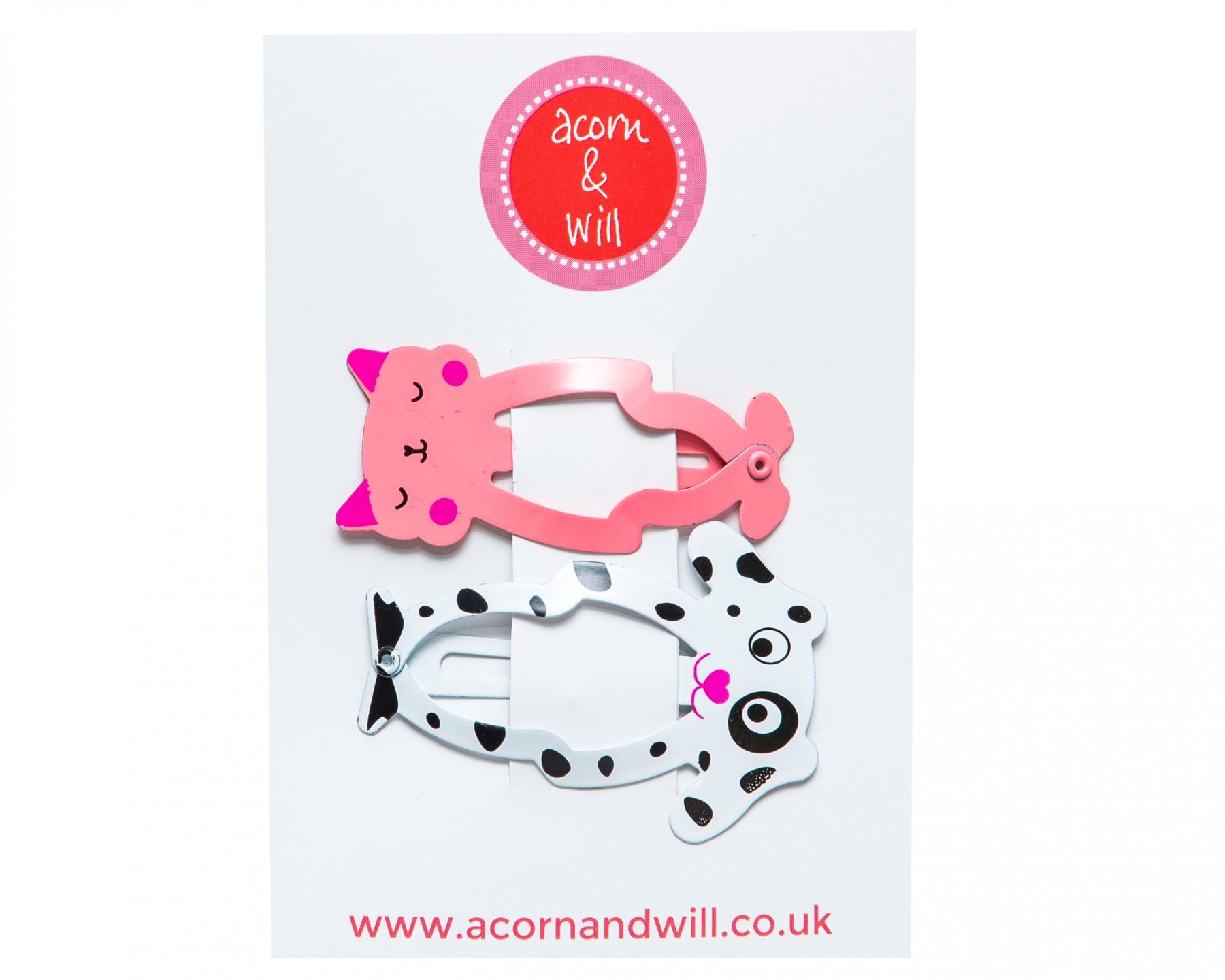 Pink cat & spotty dog hair clips
