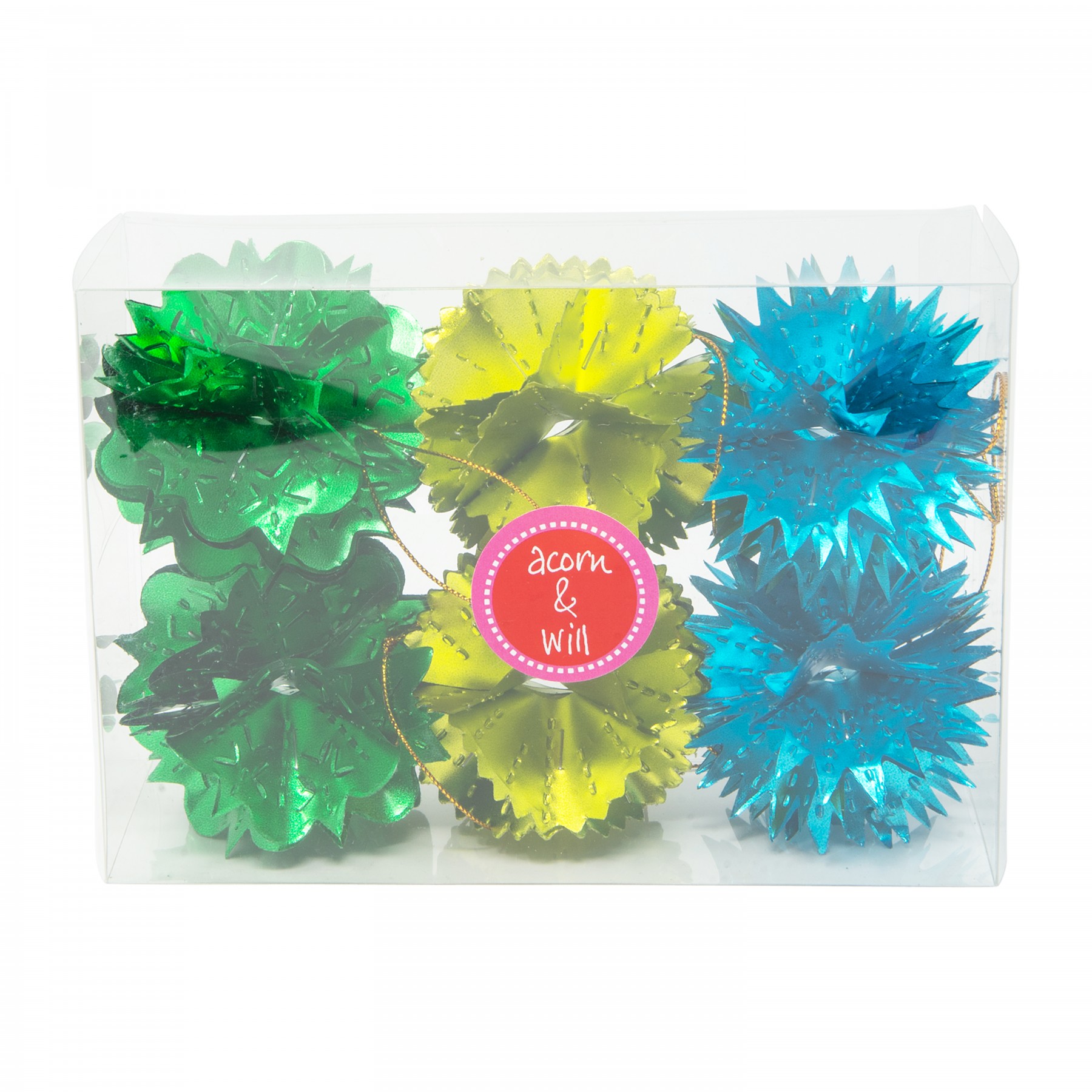 Box of 6 hanging decorations - blue/lime/green