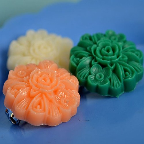 Jane flower brooch trio - emerald, chalky white and muted apricot