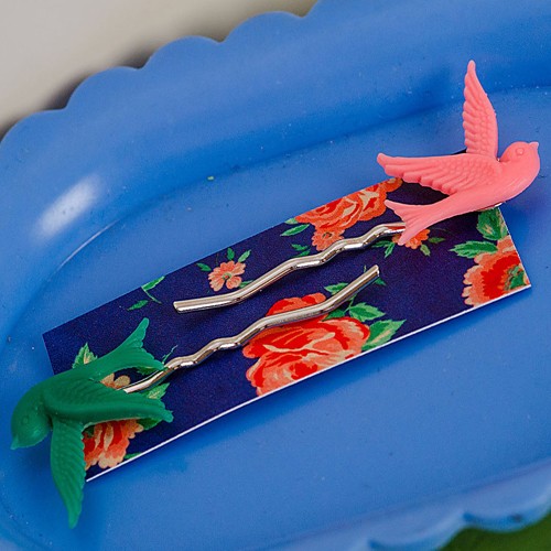 Mrs pea bird hairslides - coral and sea green