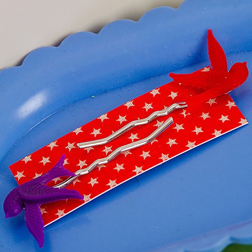 Mrs pea bird hairslides - purple and bright red