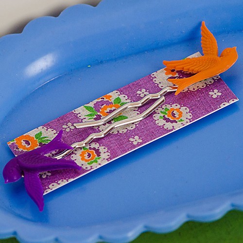 Mrs pea bird hairslides - pumpkin and purple