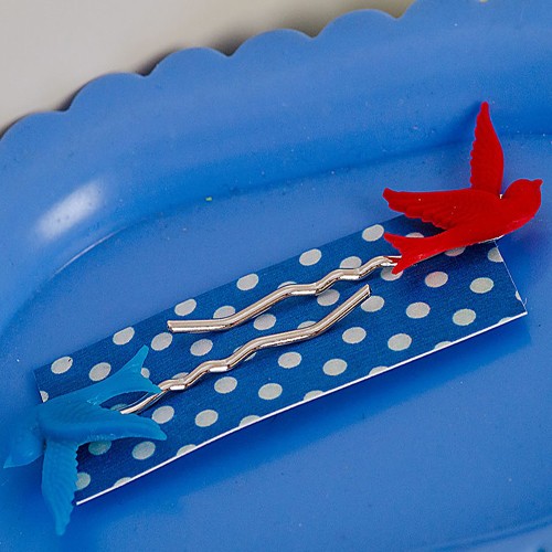 mrs pea bird hairslides - bright red and bright blue