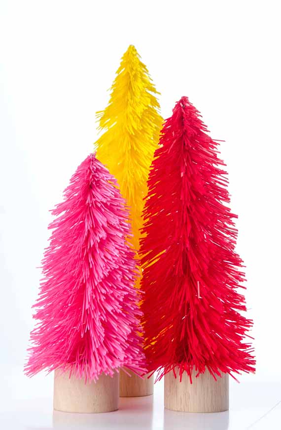 trio of christmas trees - yellow, red and pink