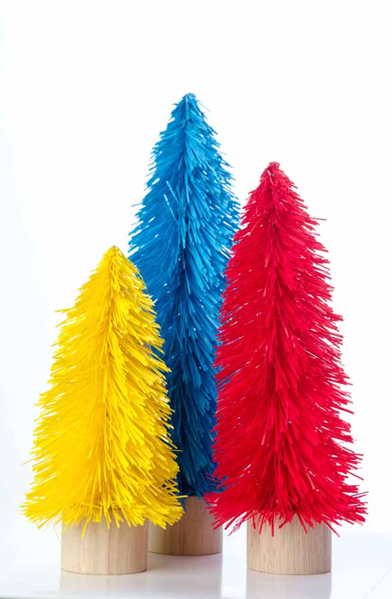 trio of christmas trees - blue, red, yellow