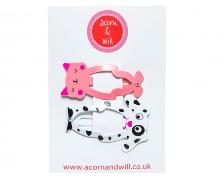 pink cat & spotty dog hair clips