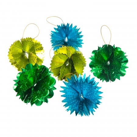 box of 6 hanging decorations - blue/lime/green